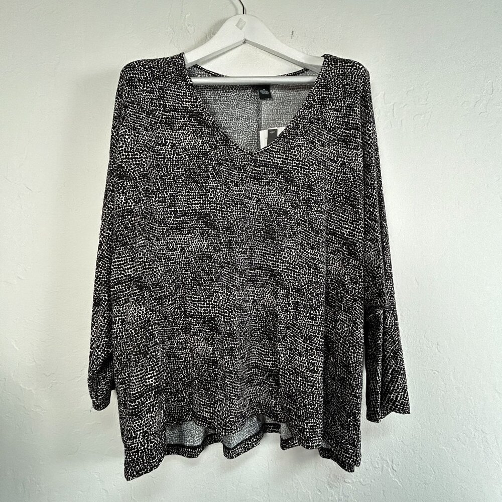 Joan Vass Womens Plus Size 3X Animal Print Dolman Sleeve Top Black Stretch New